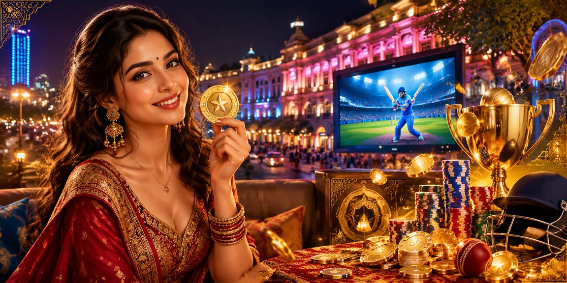Night market in Delhi with cricket betting neon lights